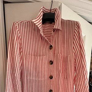 ZARA RED STRIPE BUTTON FRONT LONG SLEEVE BELT LINEN BLEND DRESS